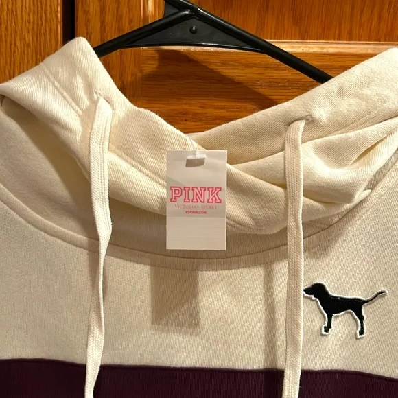 Women’s pink sweatshirt, size XS. Cross neck hoodie. Cream and burgundy w gray.. - Picture 5 of 5